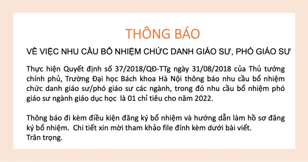 Thông báo về việc nhu cầu bổ nhiệm chức danh GS/PGS 2022