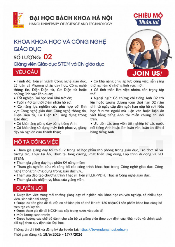 Khoa Khoa học và Công nghệ giáo dục tuyển dụng giảng viên xuất sắc, trưởng nhóm nghiên cứu và chuyên gia theo Đề án HUST Talent